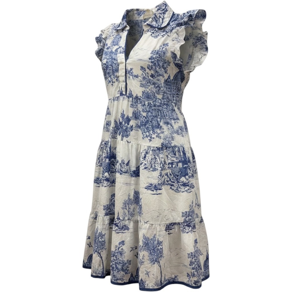 Umgee Blue White Toile De Jouy Tiered Cotton Mini Dress Sleeveless Ruffle Medium